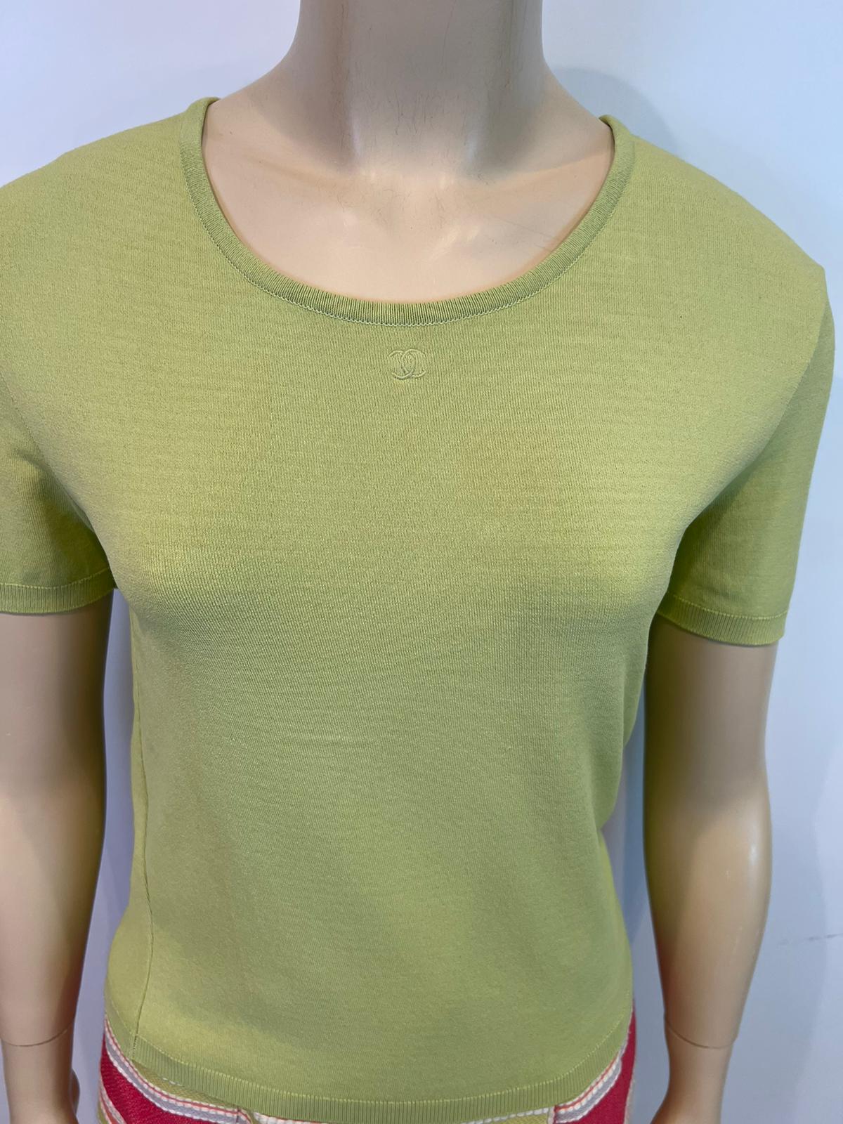 Vintage Chanel 98P, 1998 Spring Vintage Green Short Sleeve CC Logo Blouse Top FR 38 US 4/6