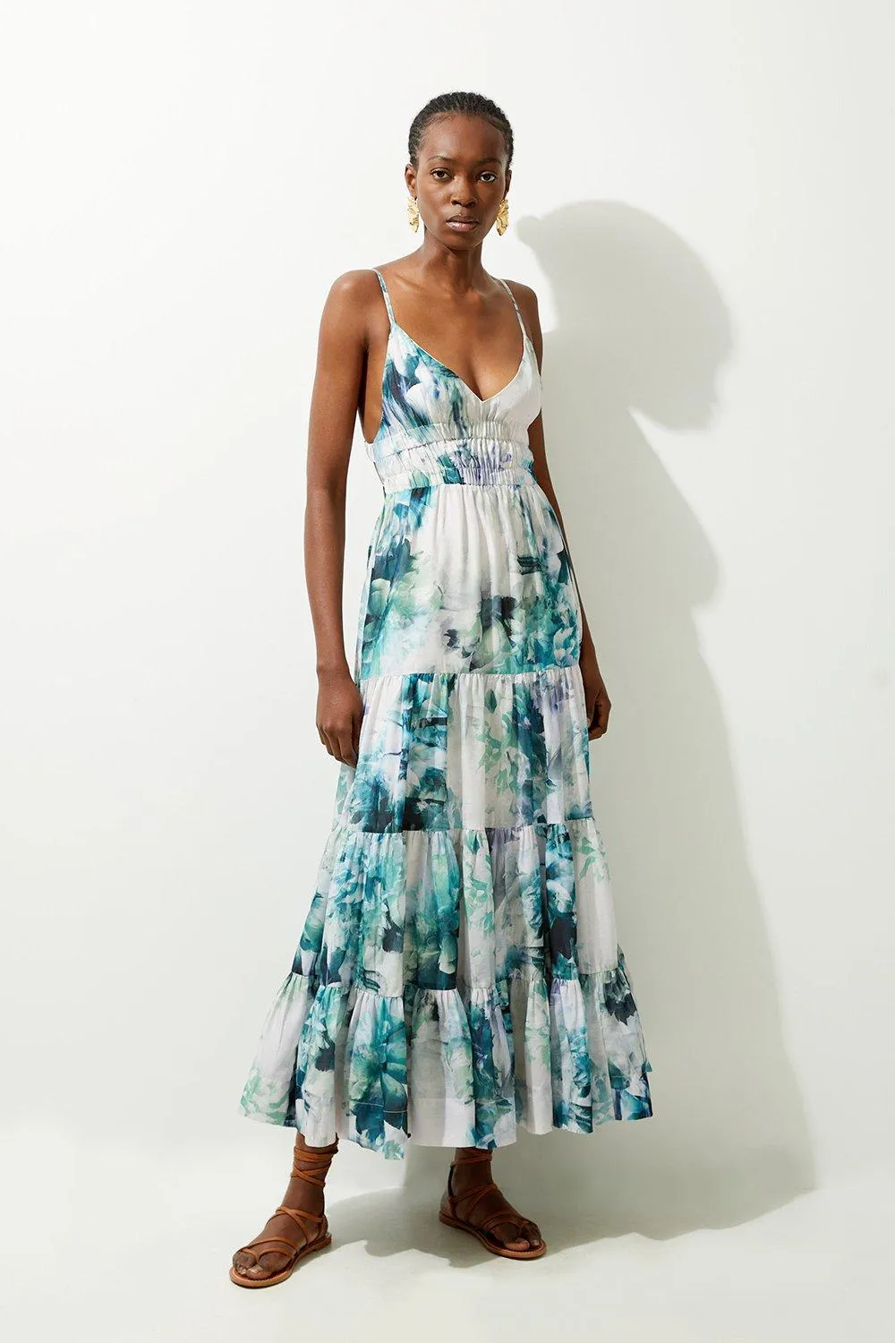 Watercolour Cotton Voile Plunge Strappy Woven Maxi Dress | Karen Millen