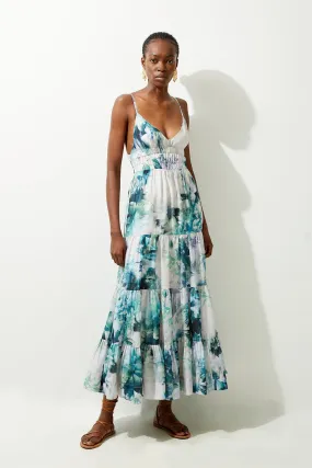 Watercolour Cotton Voile Plunge Strappy Woven Maxi Dress | Karen Millen