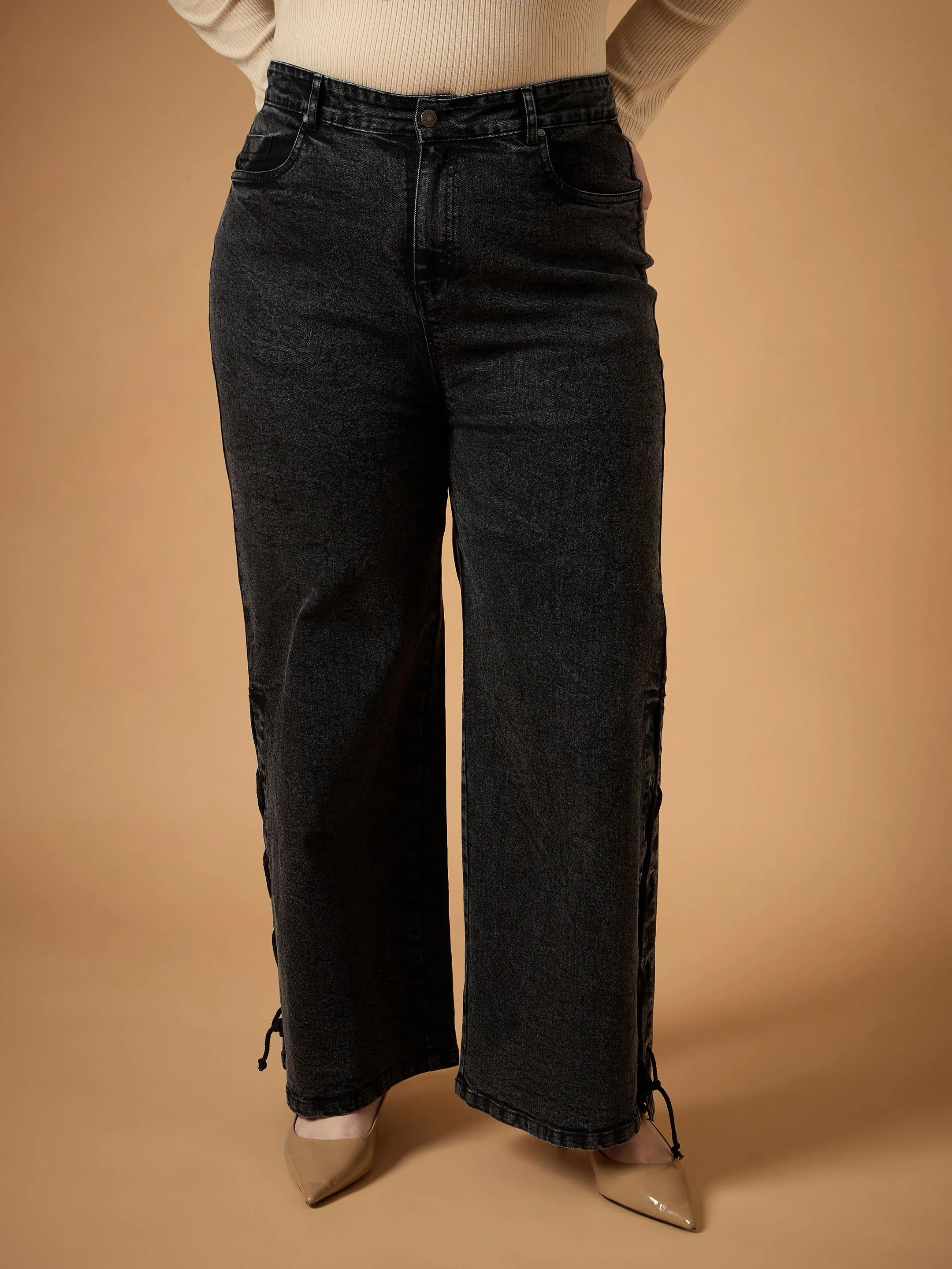 Women Black Wash Side Knot Straight Fit Jeans