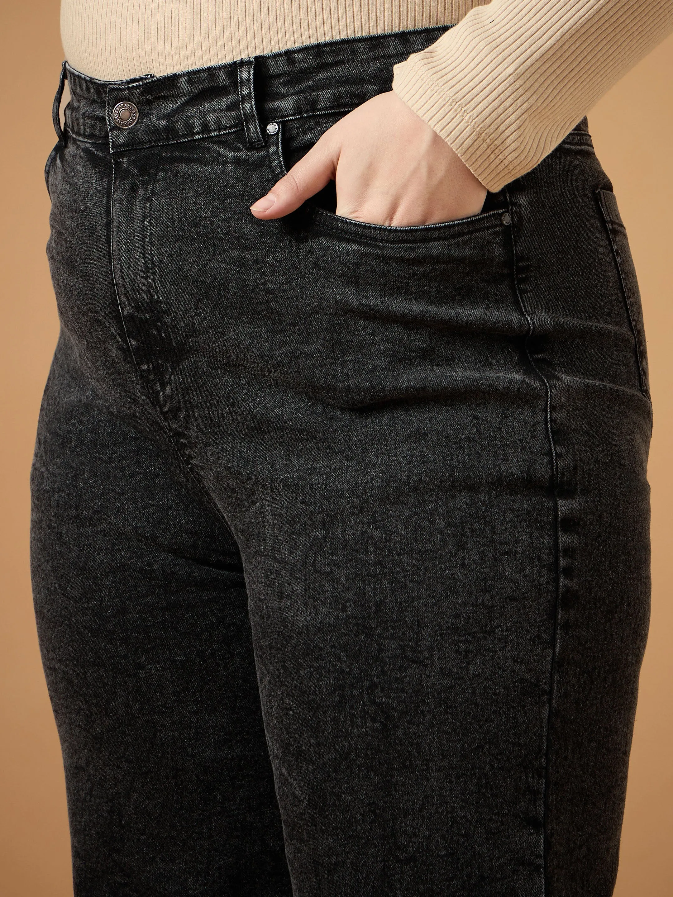 Women Black Wash Side Knot Straight Fit Jeans