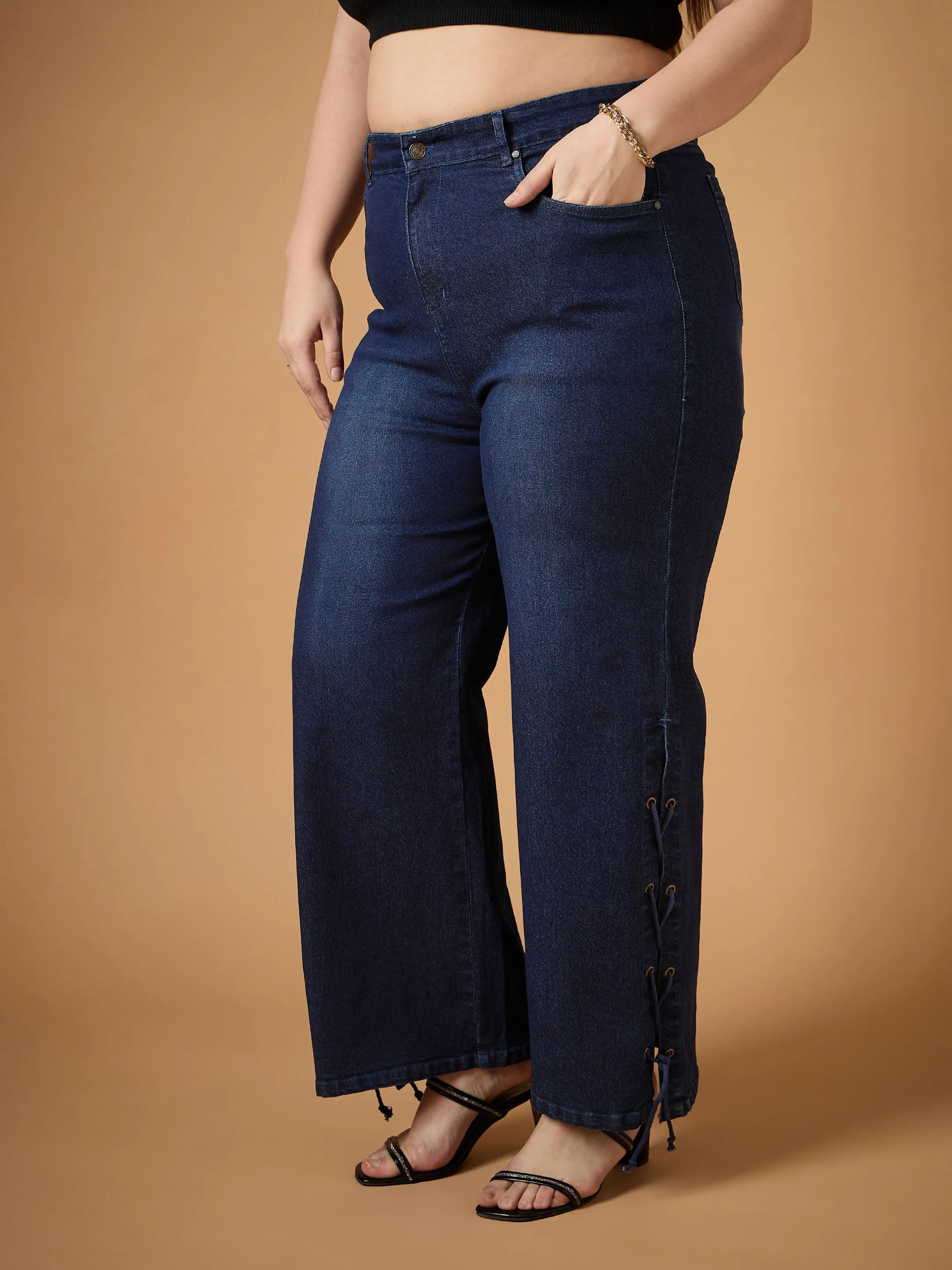 Women Blue Wash Side Knot Straight Fit Jeans