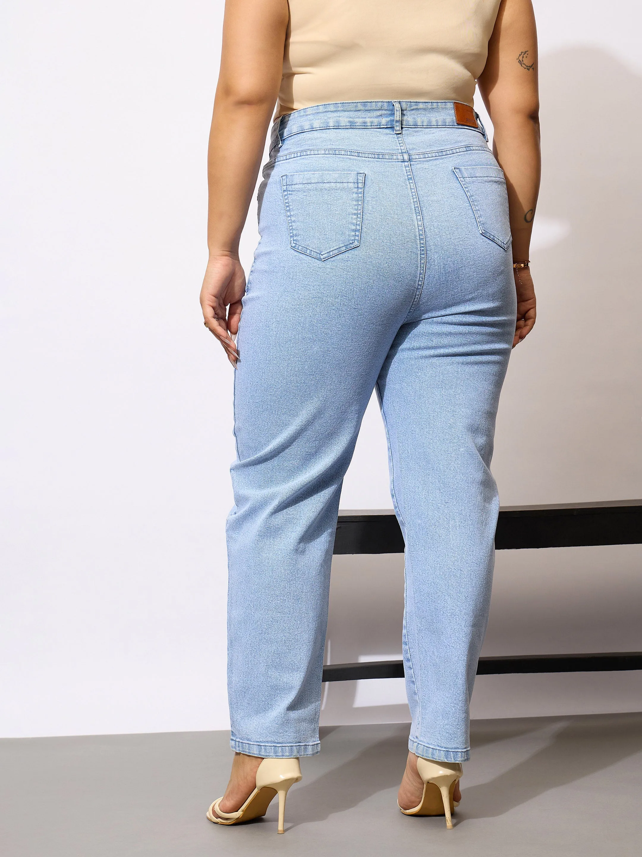 Women Ice Blue Acid Wash Mom Fit Jeans