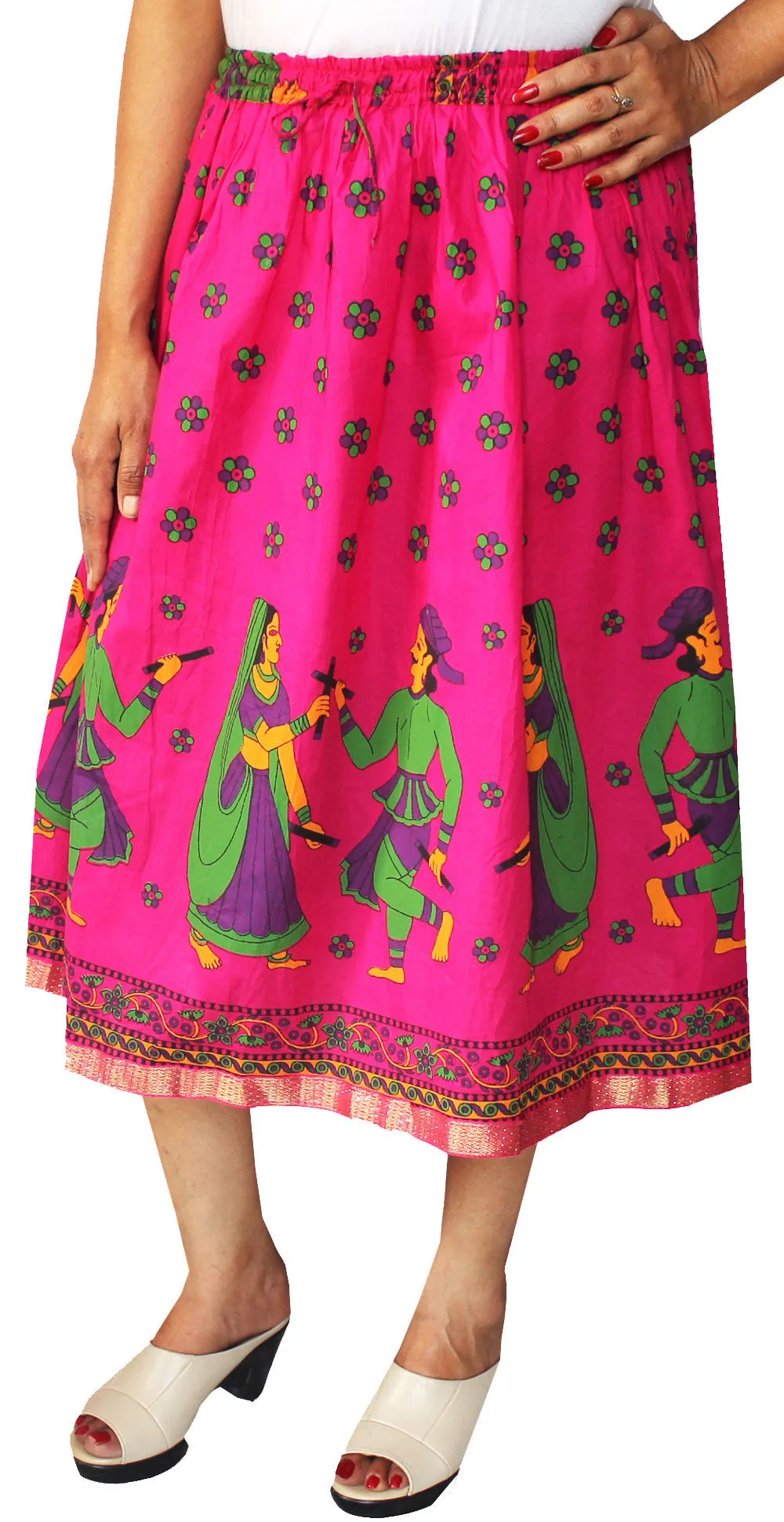 Women Printed Cotton Long Skirt India Clothes (Pink)