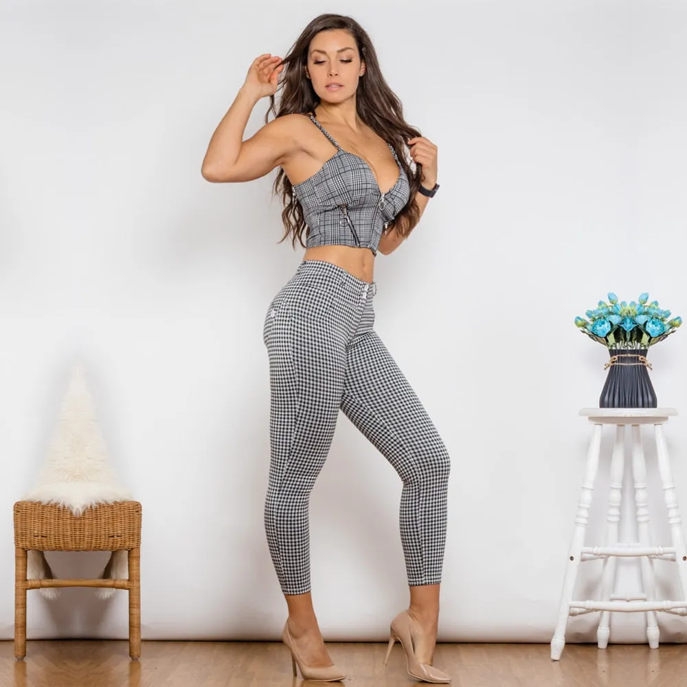 Women's Gray Plaid Zipper Push-Up Top Middle Waist Lifting Pants 2pc Set