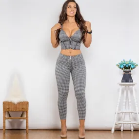 Women's Gray Plaid Zipper Push-Up Top Middle Waist Lifting Pants 2pc Set