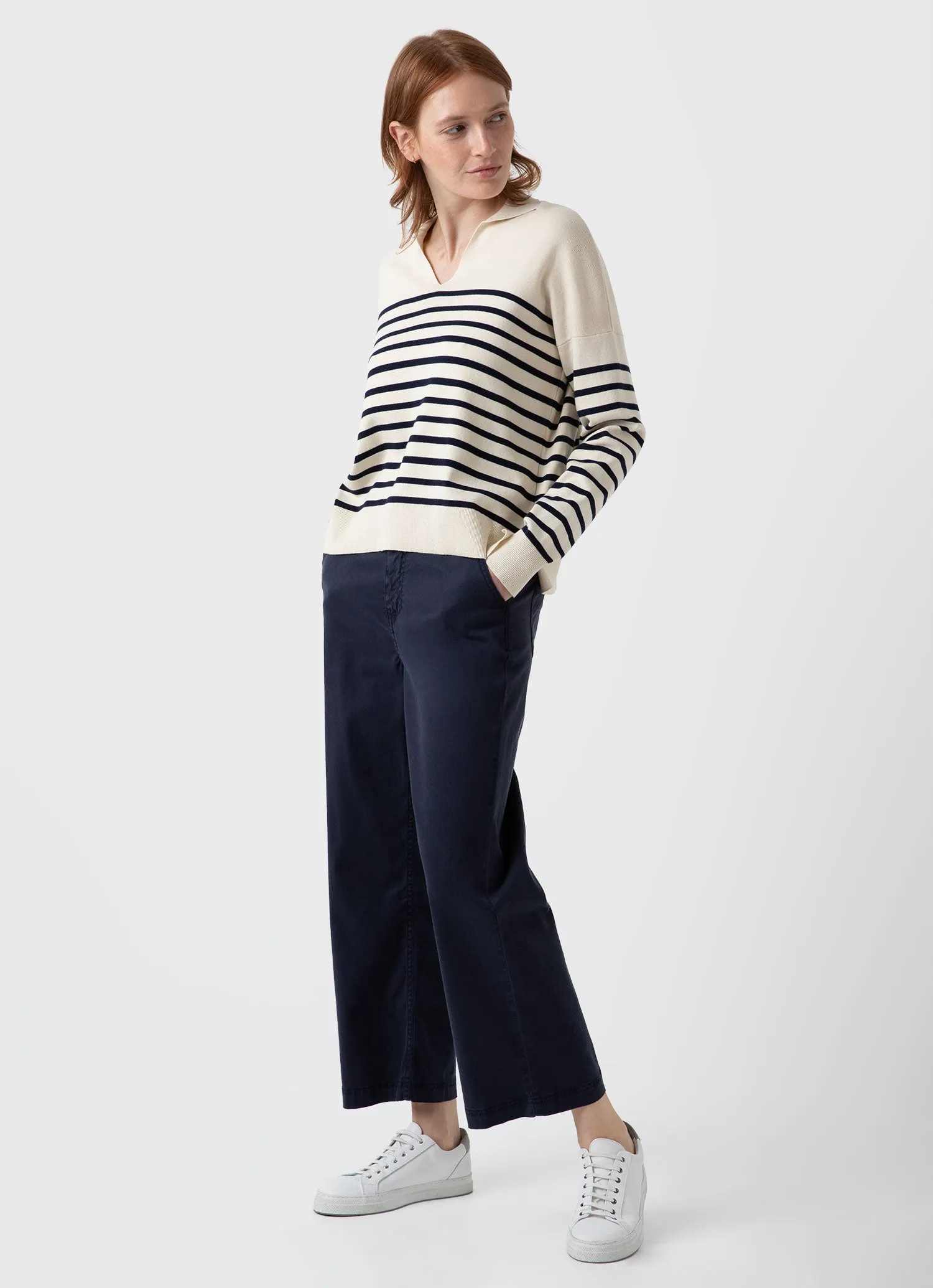 Women's Open Neck Jumper in Ecru/Navy Breton Stripe