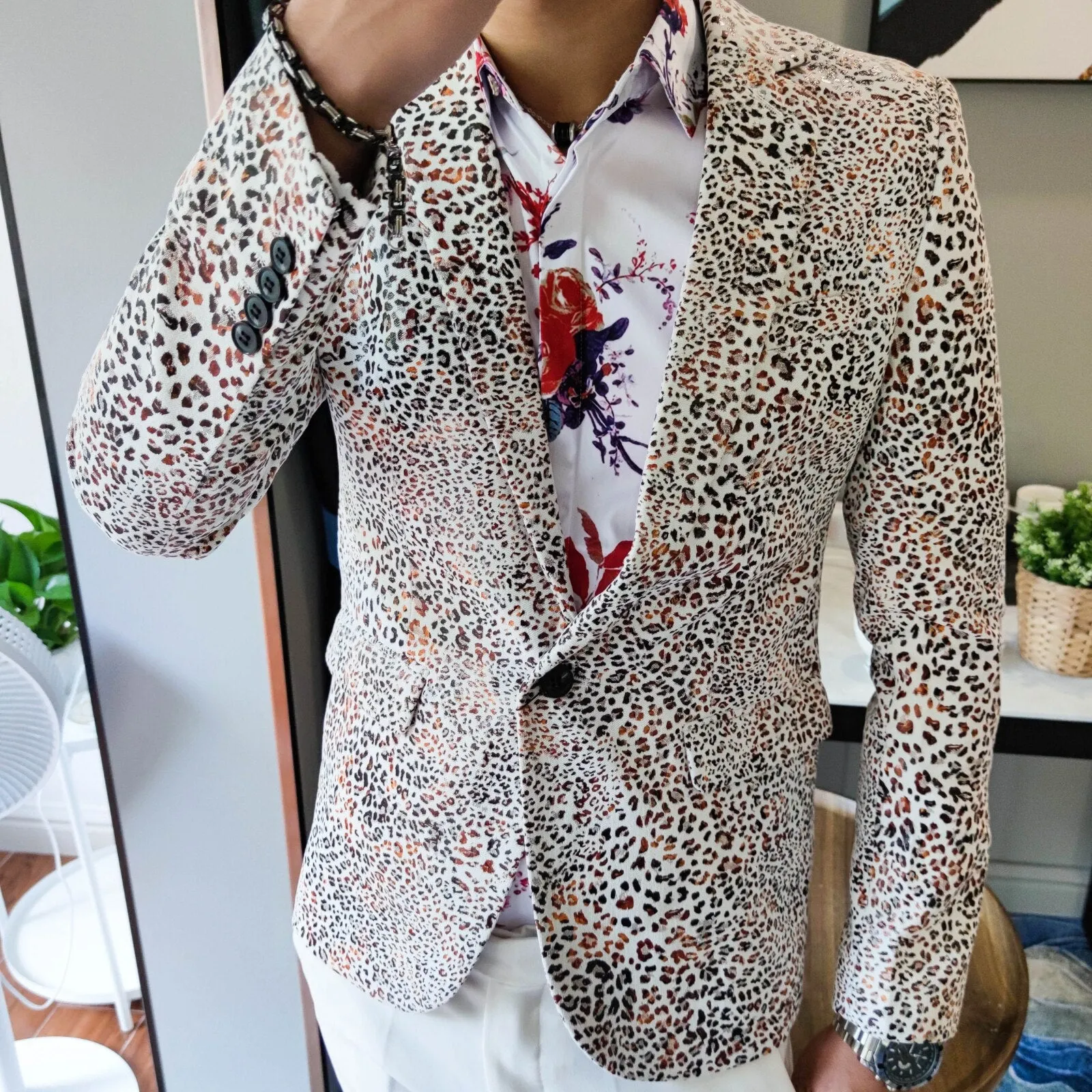 Xituodai Night Club Outfits Blazer Hombre Casual Flower Masculino Fall Leopard Single Suit Fashion Man Slim Suit Blazer Masculin