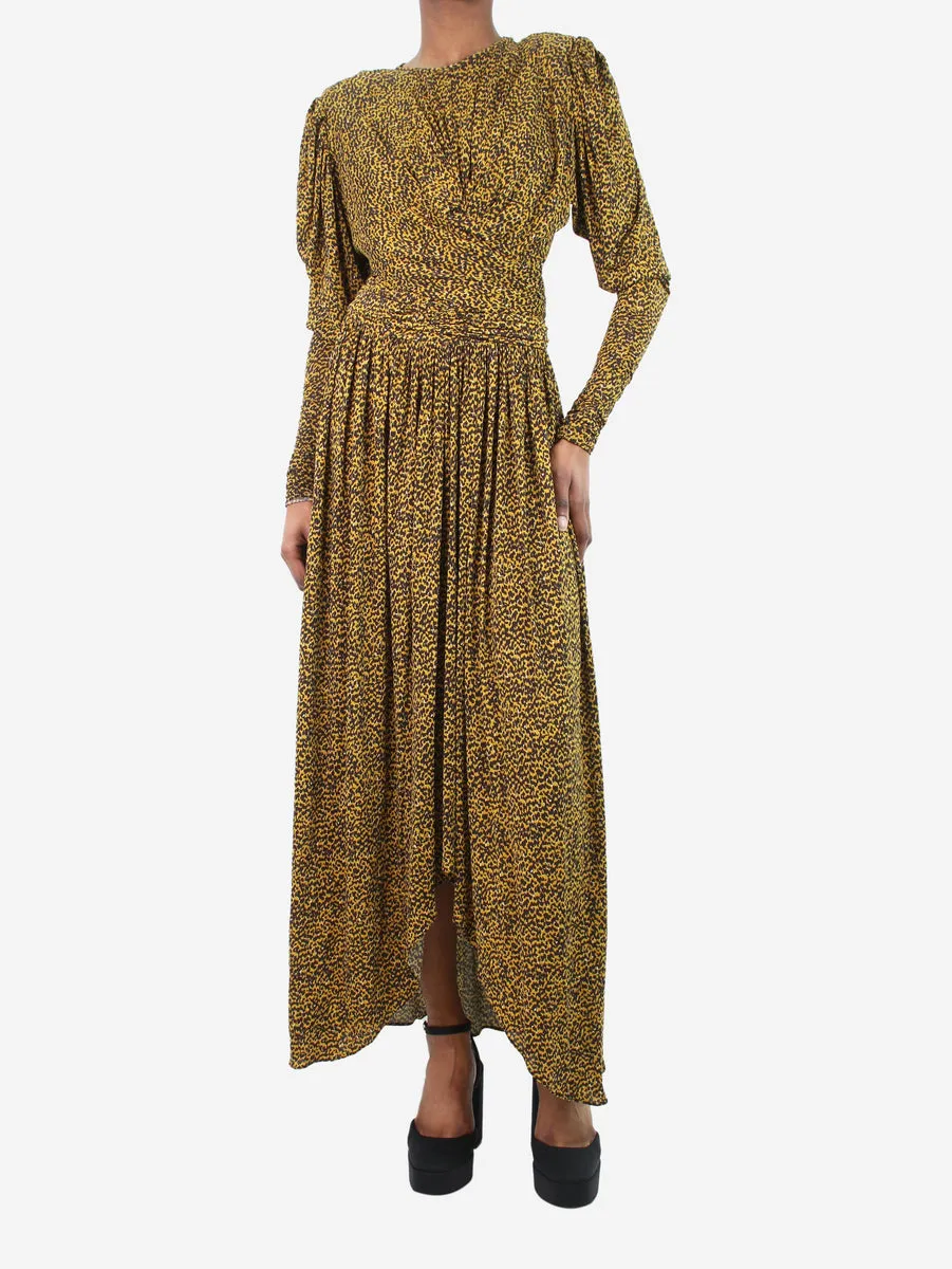   Yellow printed padded-shoulder midi dress - size FR 38