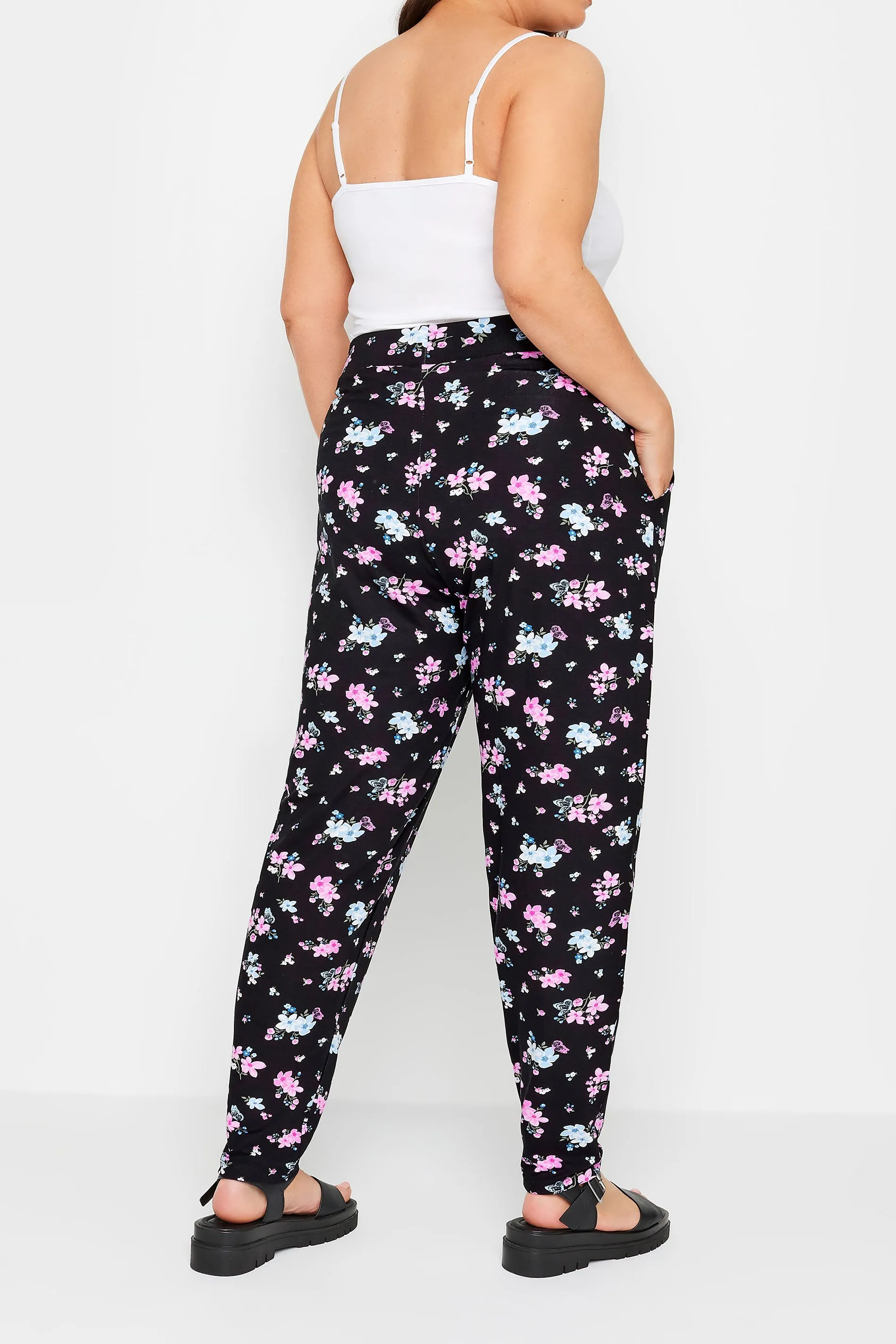 YOURS Curve Blue & Pink Floral Print Double Pleat Harem Trousers