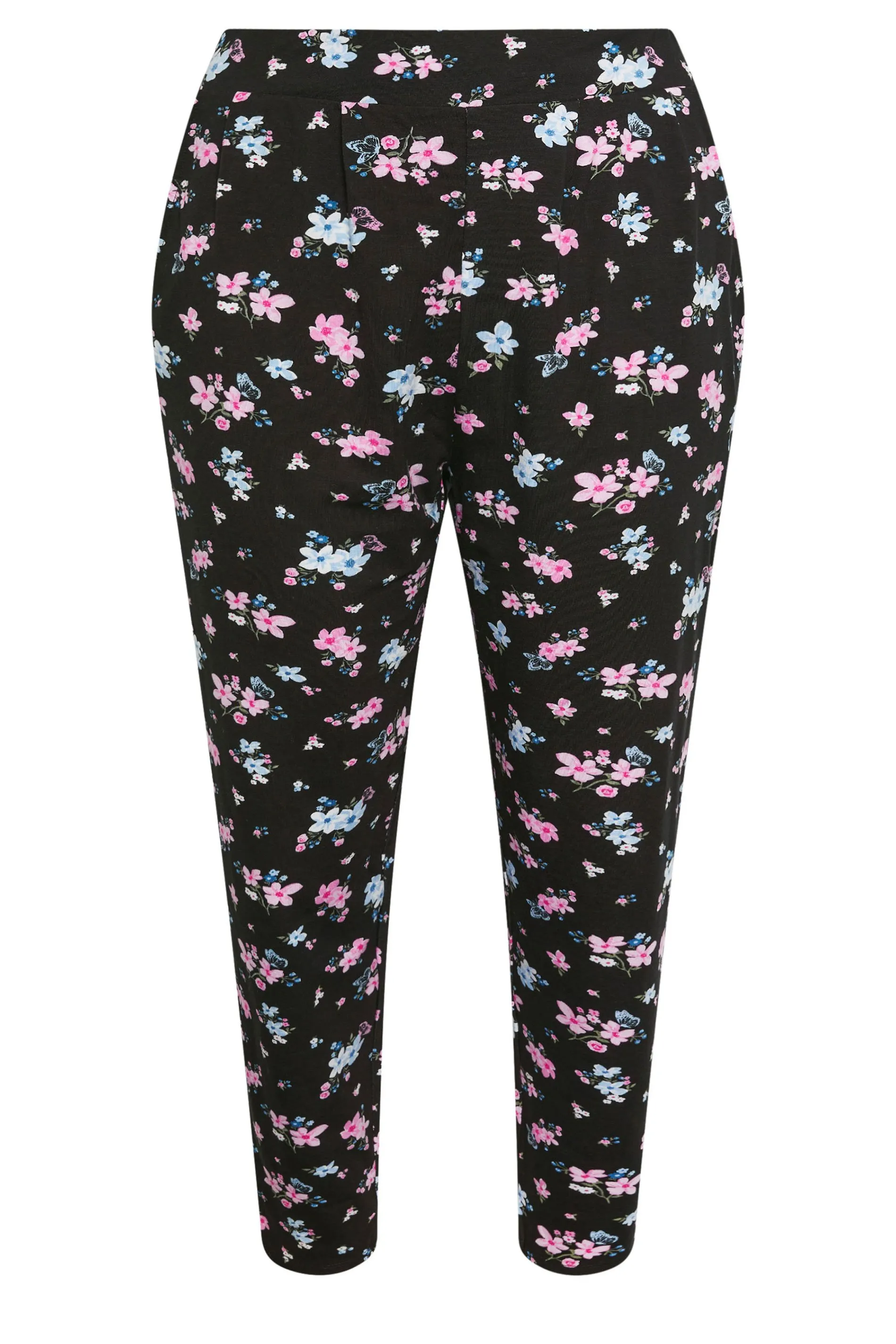 YOURS Curve Blue & Pink Floral Print Double Pleat Harem Trousers