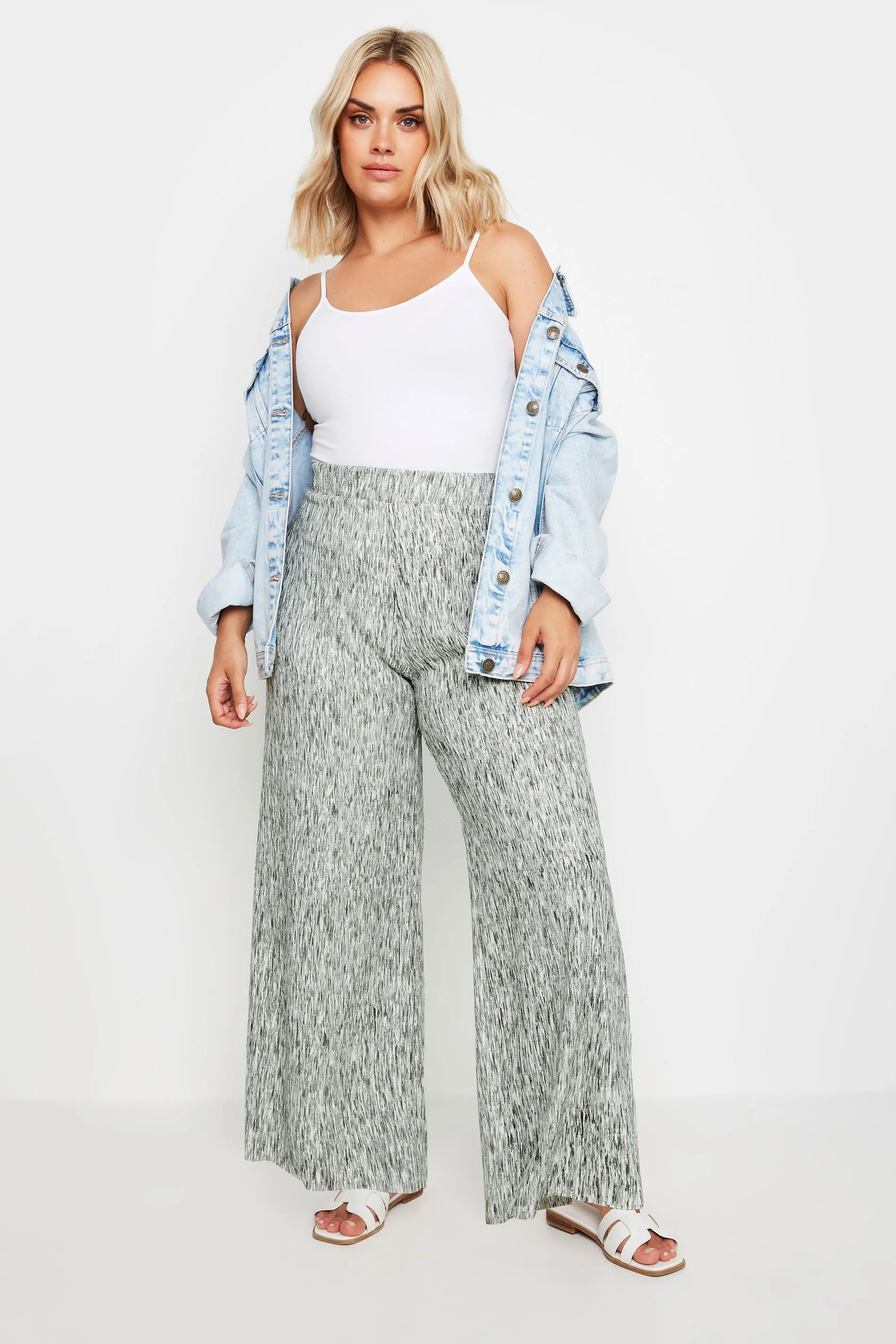 YOURS Curve Grey Abstract Print Textured Wide Leg Trousers