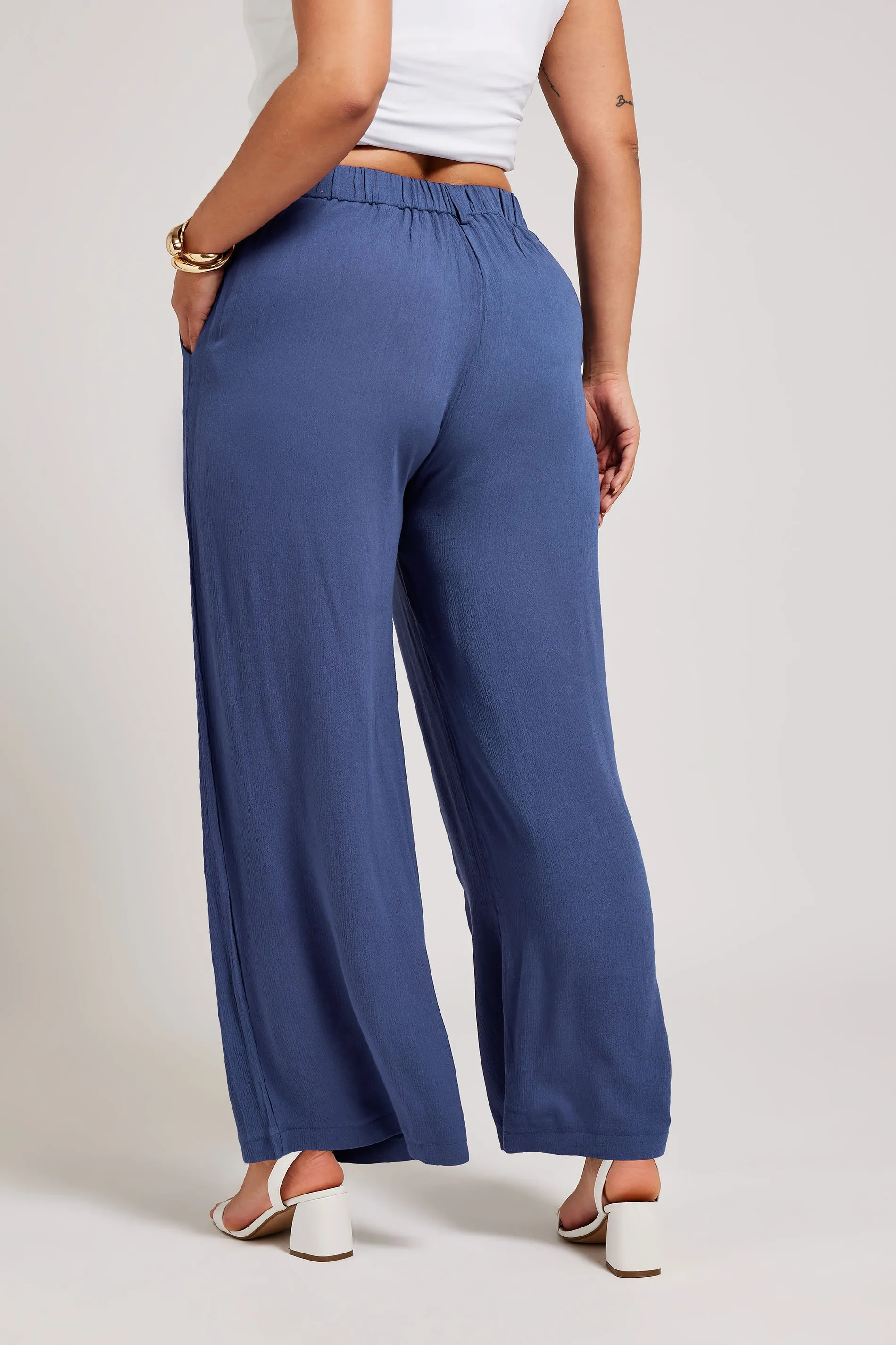 YOURS LONDON Curve Blue Pleat Front Wide Leg Trousers